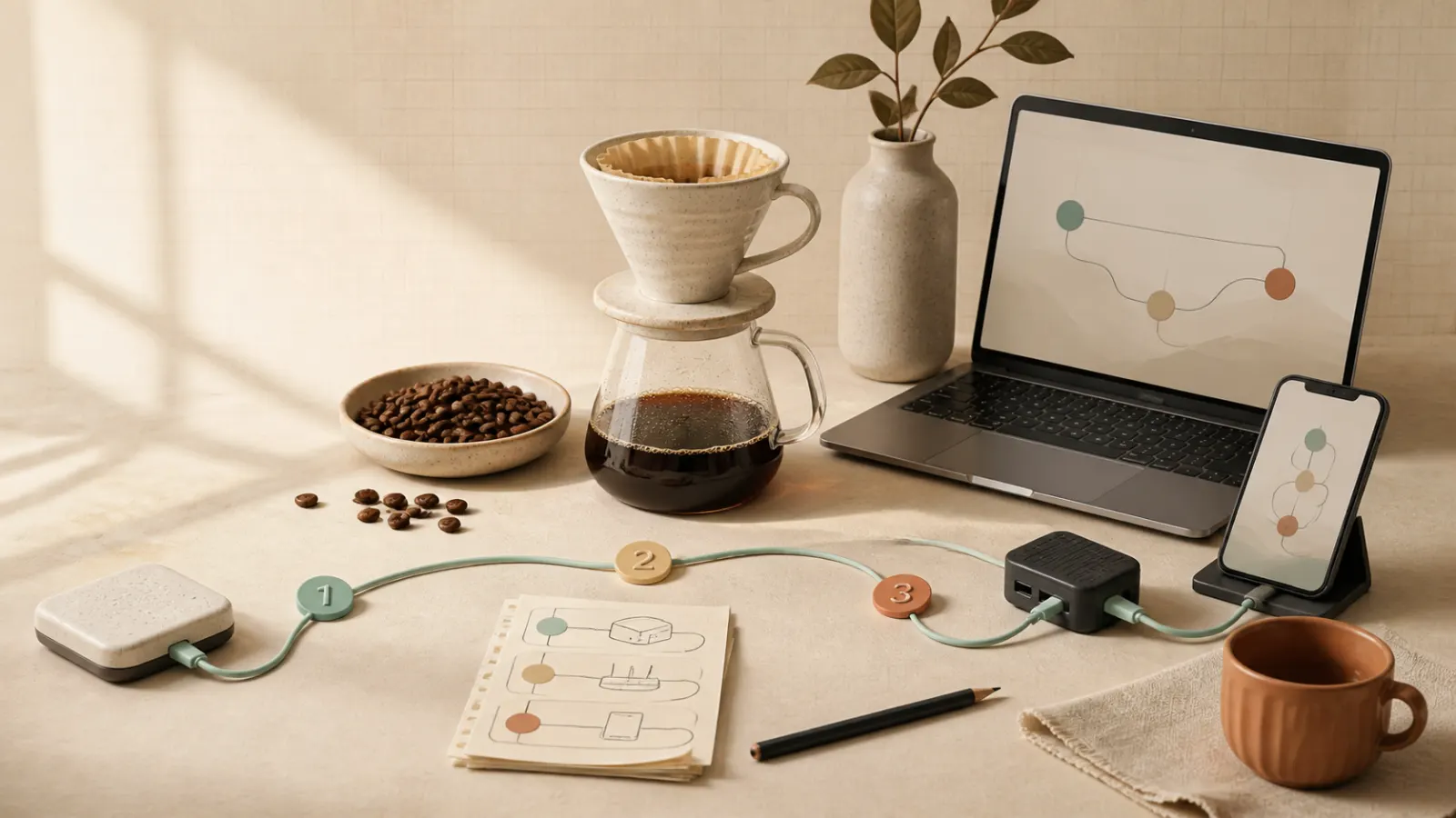 咖啡冲煮器具、电脑、手机与三段连接线组成的 Coffee Cloud 配置工作台